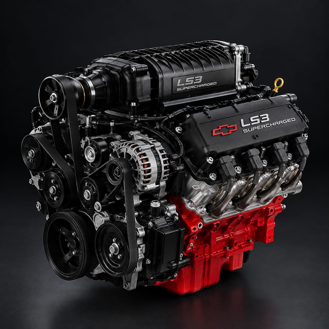 Motor GM LS3 V8 6.2 com supercharger, bloco vermelho